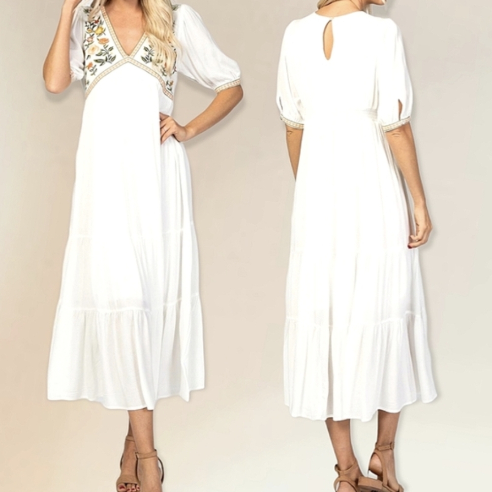 Pinkblush White Midi Dress with Floral Embroidery